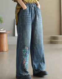 Women’s Vintage Dragon Embroidery Casual Jeans