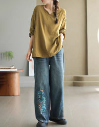 Women’s Vintage Dragon Embroidery Casual Jeans