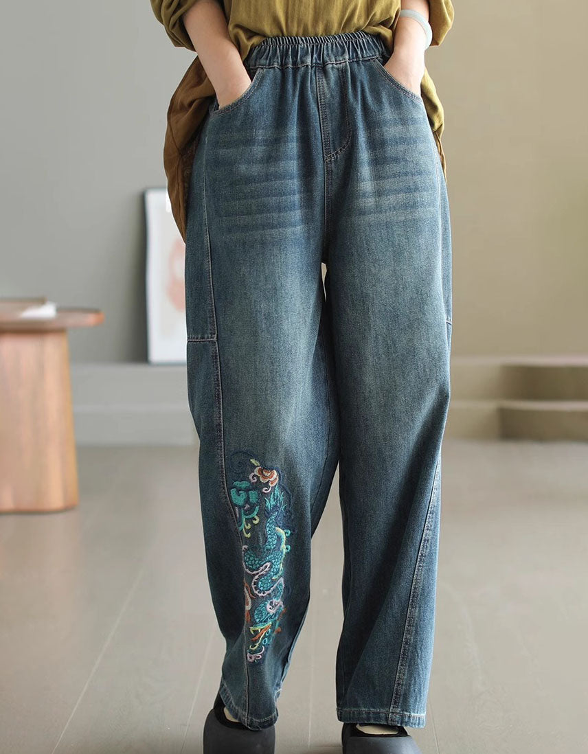 Women’s Vintage Dragon Embroidery Casual Jeans