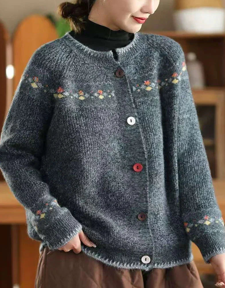 Casual Loose Vintage Embroidered Floral Knit Cardigan Sweater - Islinen