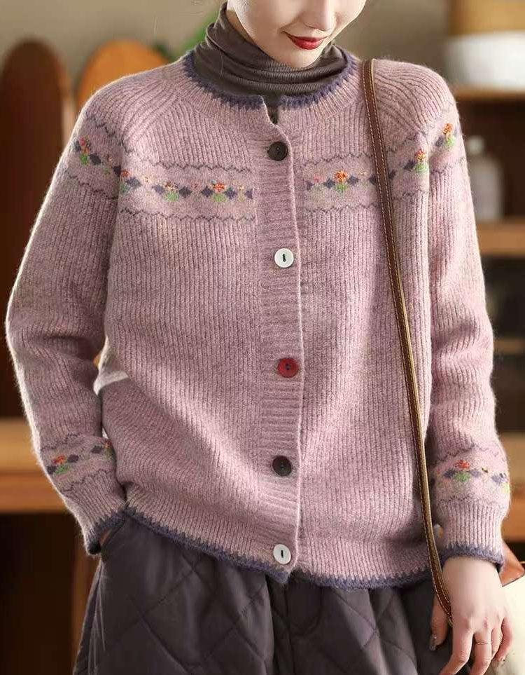 Casual Loose Vintage Embroidered Floral Knit Cardigan Sweater - Islinen