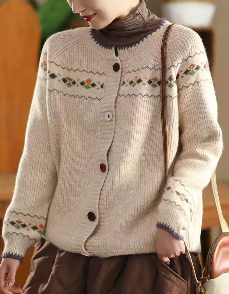 Casual Loose Vintage Embroidered Floral Knit Cardigan Sweater - Islinen