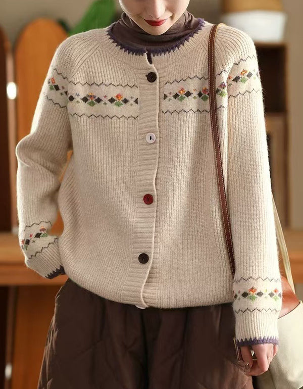 Casual Loose Vintage Embroidered Floral Knit Cardigan Sweater