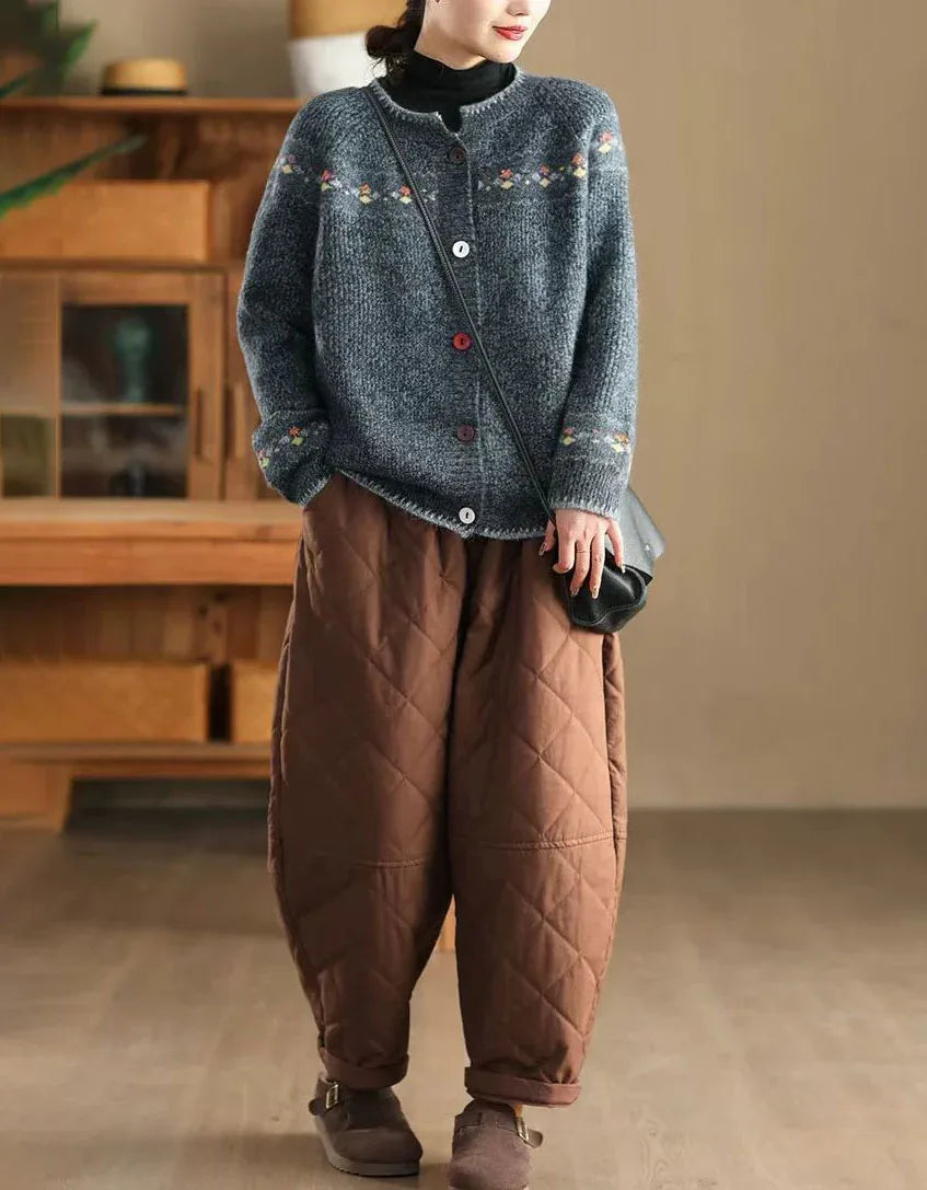 Casual Loose Vintage Embroidered Floral Knit Cardigan Sweater - Islinen