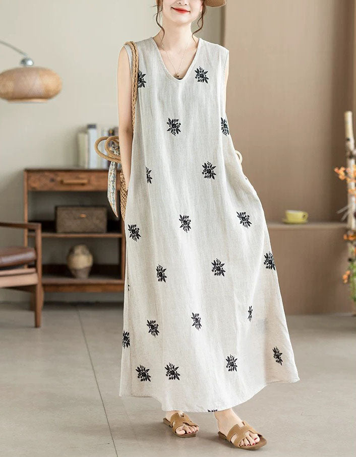 Women's Casual Embroidered Linen Blend Maxi Dress