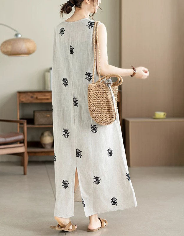 Vintage Linen Blend Sleeveless Floral Embroidered Dress