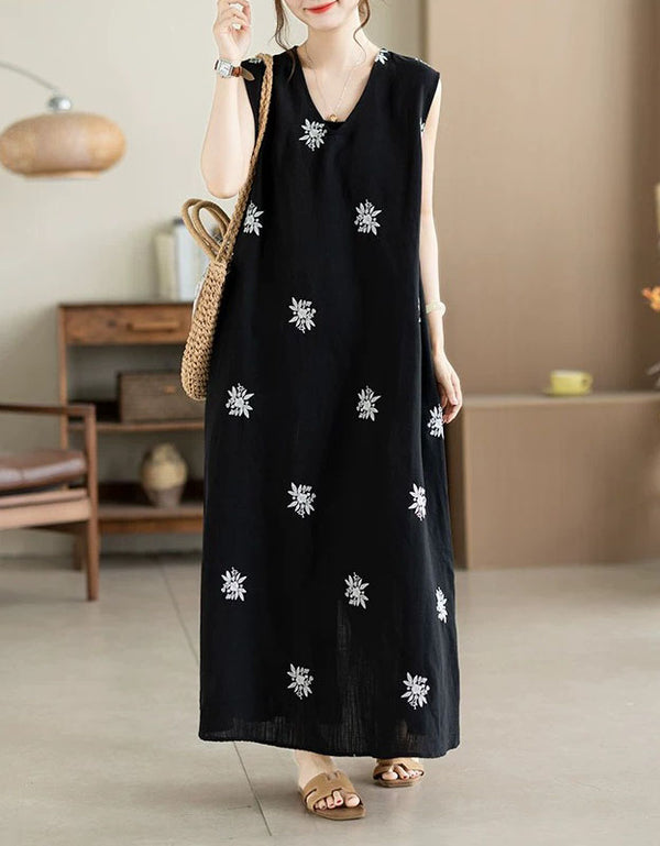 Front view of women's embroidered linen blend sleeveless loose maxi dress