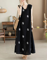 Women's breathable embroidered maxi dress with side pockets