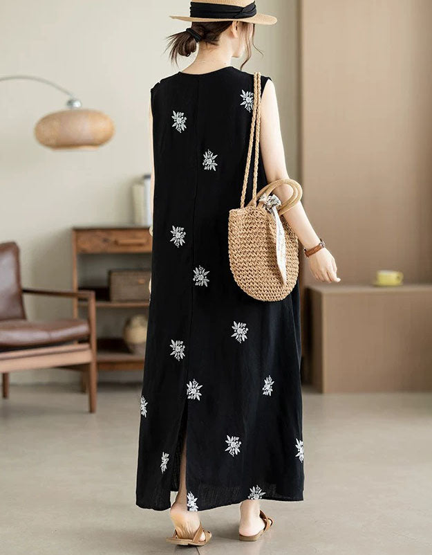 Back view of vintage embroidered linen blend summer maxi dress