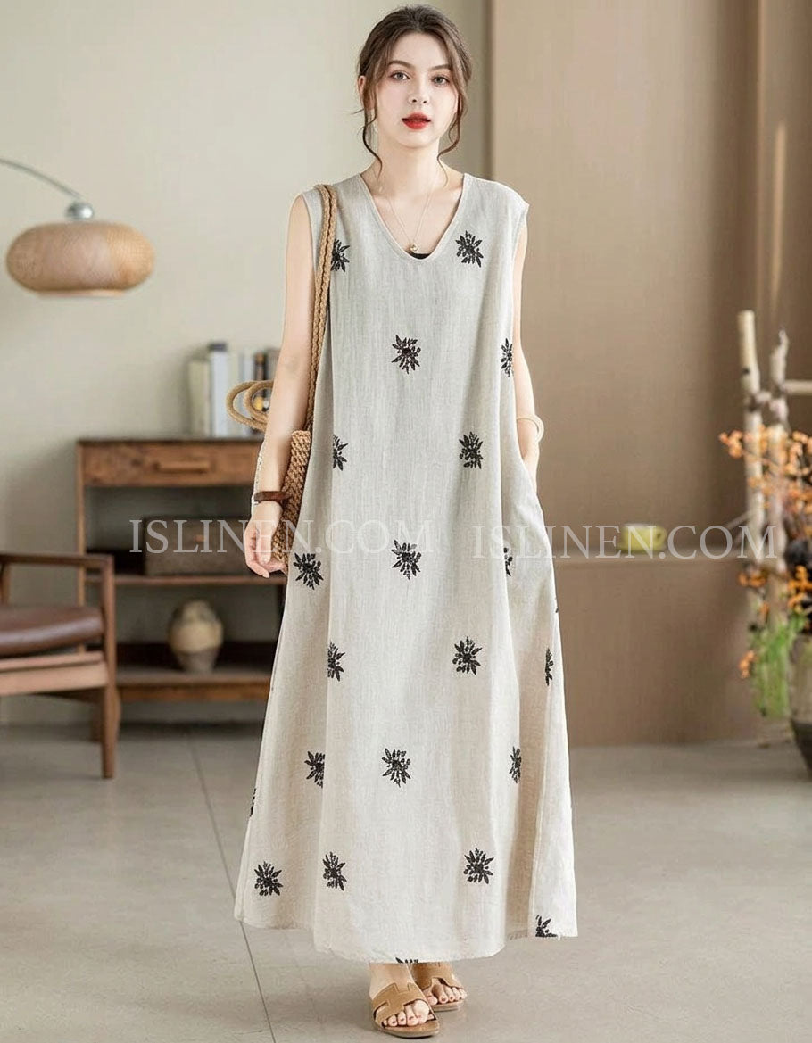 Women's vintage embroidered linen blend sleeveless maxi dress in beige with black floral embroidery