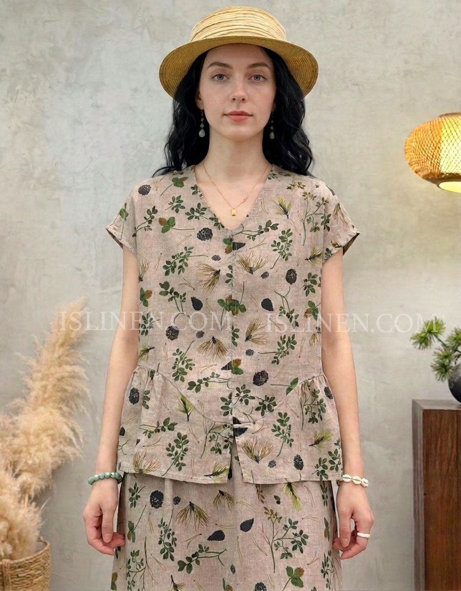Women's Floral Linen Blouse – Vintage Botanical Print Boho Top