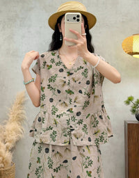 Women's Oversized Floral Linen Blouse – Vintage Bohemian Top