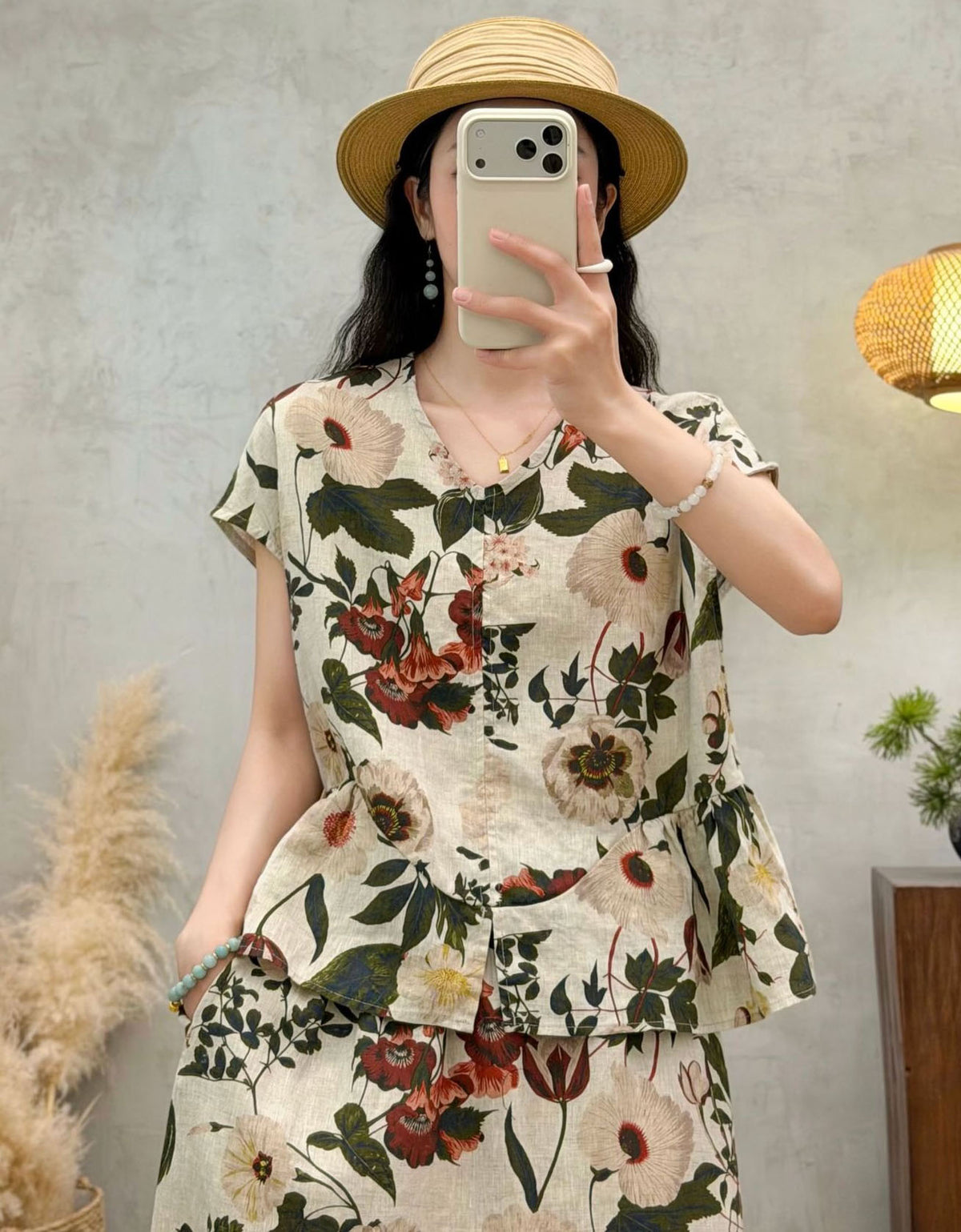 Women's Breathable Linen Top – Botanical Print Relaxed Blouse