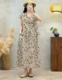 Women's Loose Fit Linen Blouse – Beige Green Floral Summer Top