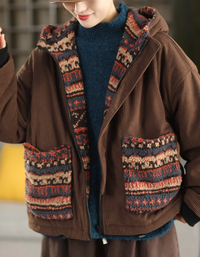 Women's Vintage Ethnic Pattern Reversible Hooded Fleece Jacket