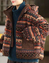 Women's Vintage Ethnic Pattern Reversible Hooded Fleece Jacket