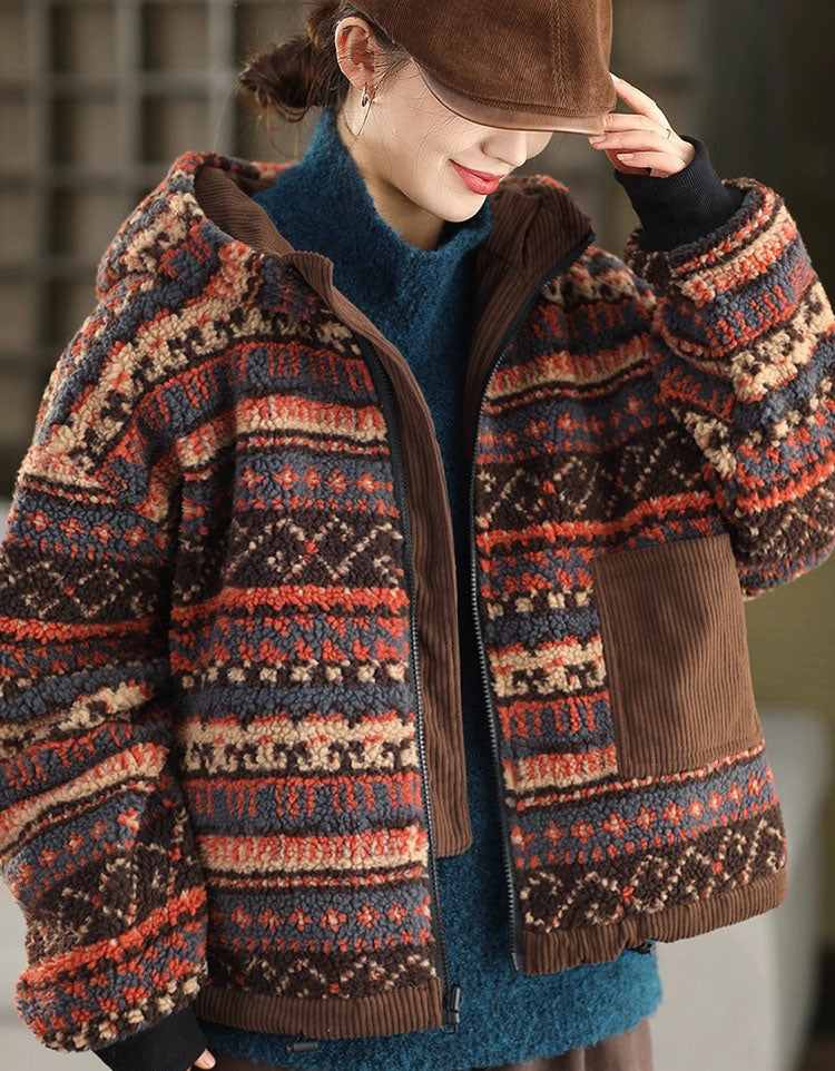 Women's Vintage Ethnic Pattern Reversible Hooded Fleece Jacket