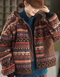Women's Vintage Ethnic Pattern Reversible Hooded Fleece Jacket