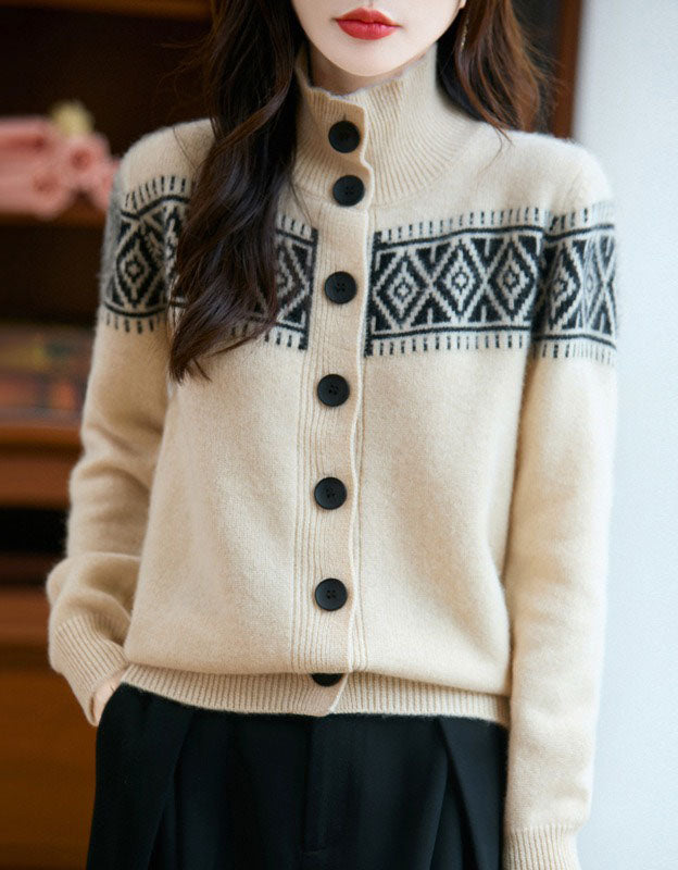 Women's Vintage Fair Isle High Neck Sweater Cardigan