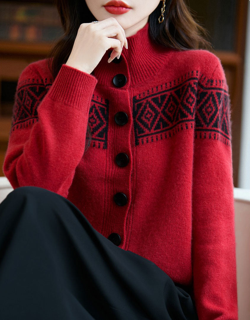 Women's Vintage Fair Isle High Neck Sweater Cardigan