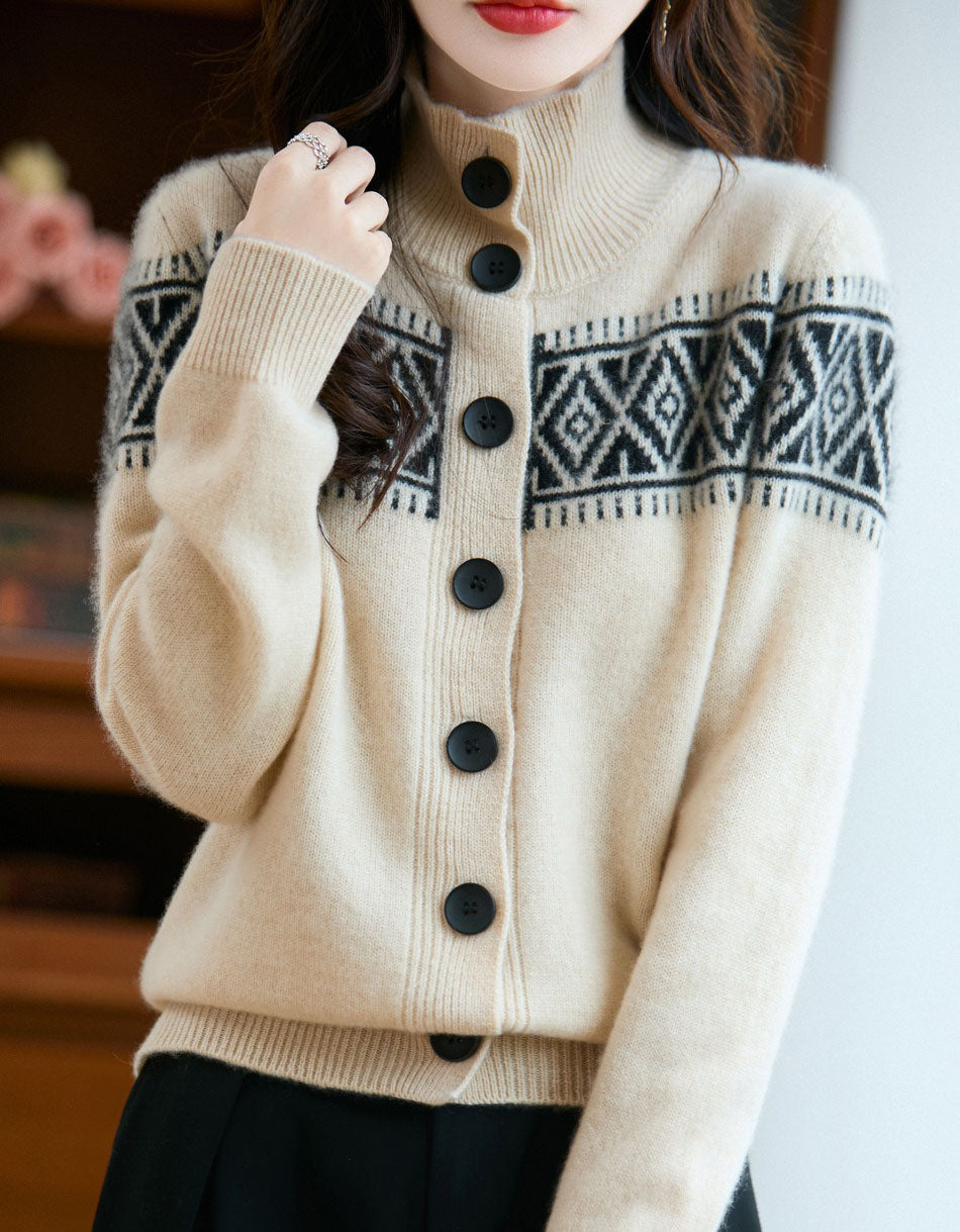 Women's Vintage Fair Isle High Neck Sweater Cardigan