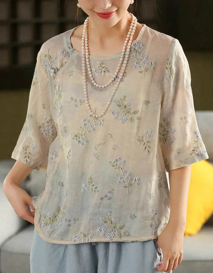 Women's Vintage Floral Embroidered Sheer Blouse - Islinen