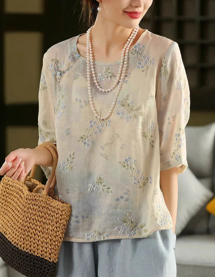 Women's Vintage Floral Embroidered Sheer Blouse - Islinen