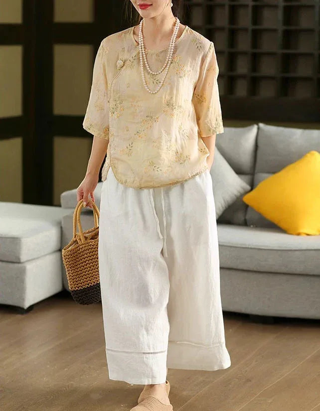 Women's Vintage Floral Embroidered Sheer Blouse - Islinen