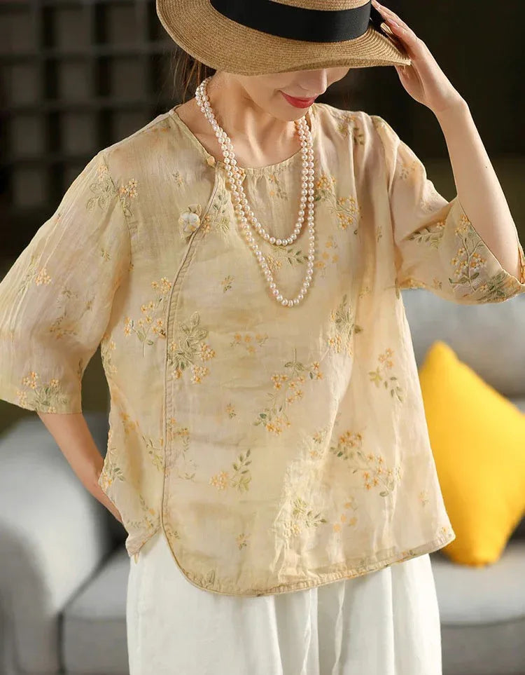 Women's Vintage Floral Embroidered Sheer Blouse - Islinen