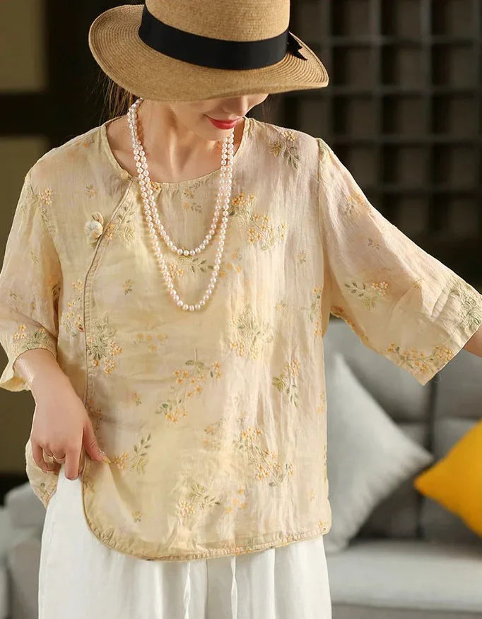 Women's Vintage Floral Embroidered Sheer Blouse - Islinen