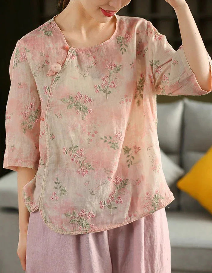 Women's Vintage Floral Embroidered Sheer Blouse - Islinen