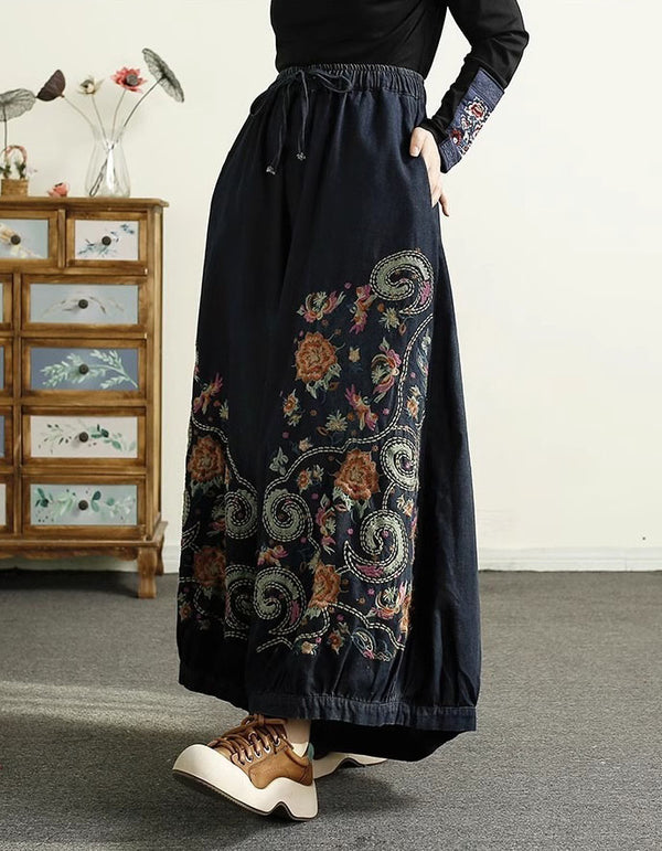 Women's Vintage Floral Embroidered Wide Leg Denim Pants