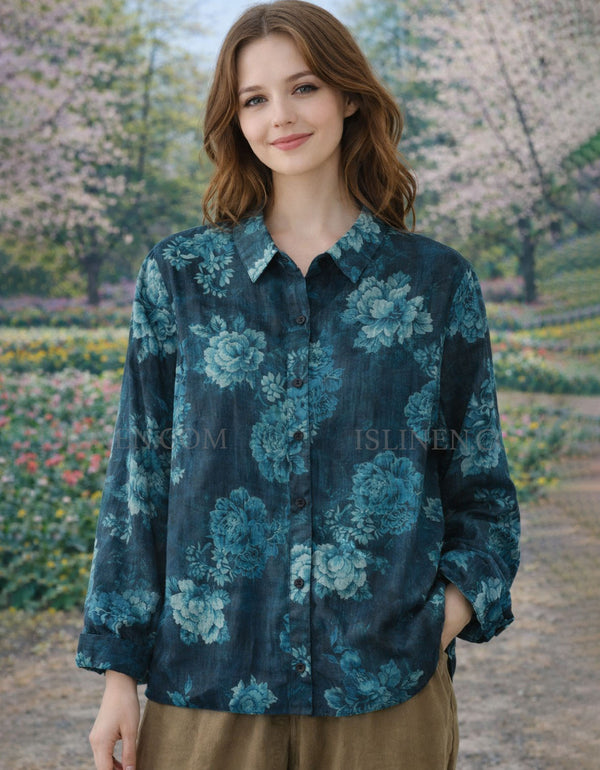 Women’s floral print button-down shirt front view