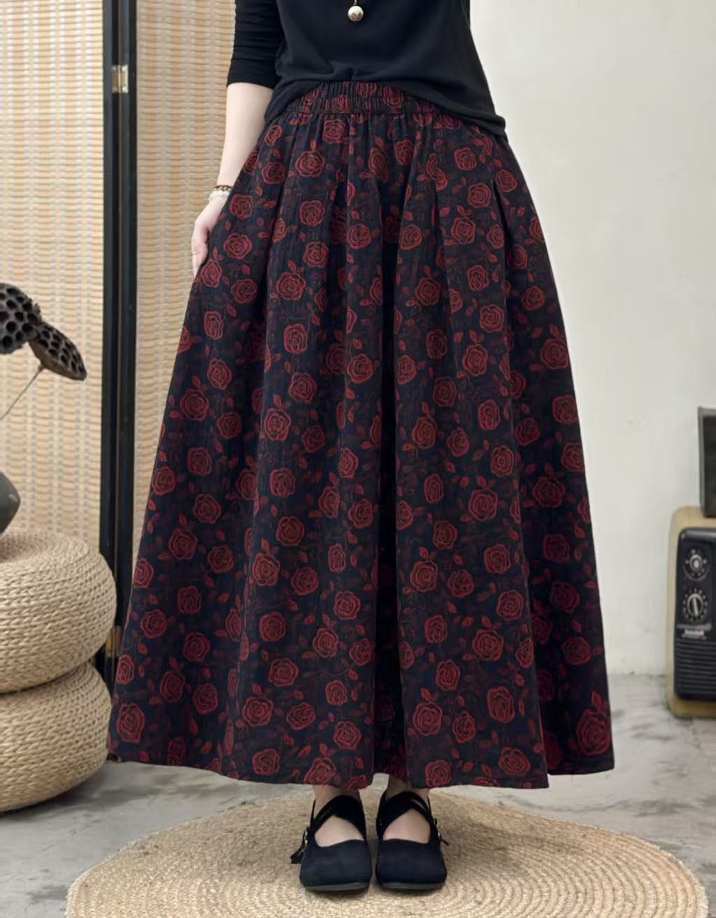 Women's Boho Floral Maxi Skirt with Elastic Waist