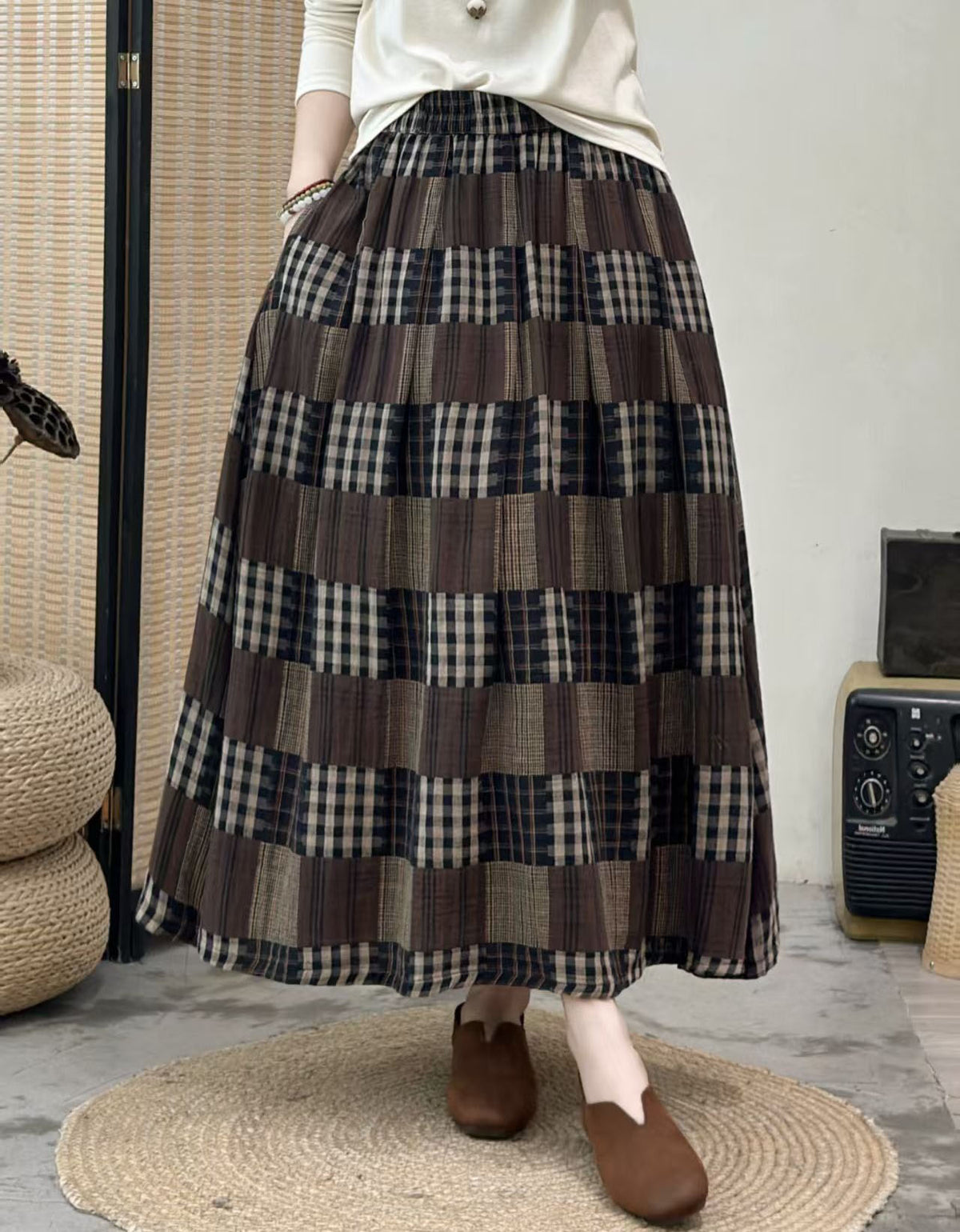 Women's Vintage Rose Pattern Maxi Skirt with Pockets