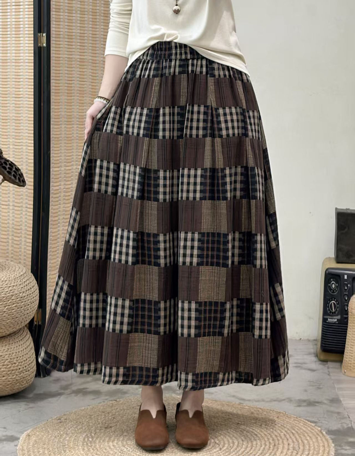 Women's Vintage Rose Print Maxi Skirt with Elastic Waist