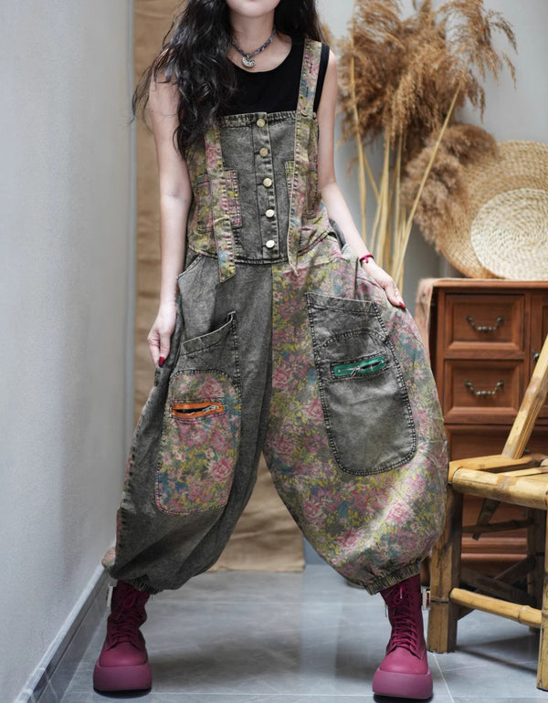 Women's Vintage Floral Patchwork Jumpsuit Overalls