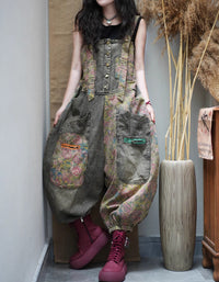 Women's Vintage Floral Patchwork Jumpsuit Overalls