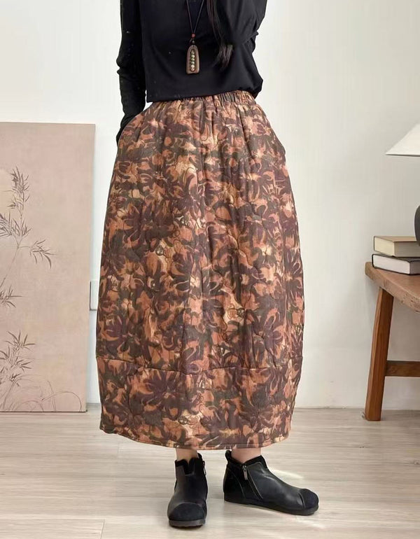 Women’s Vintage Floral Print Winter Padded Maxi Skirt