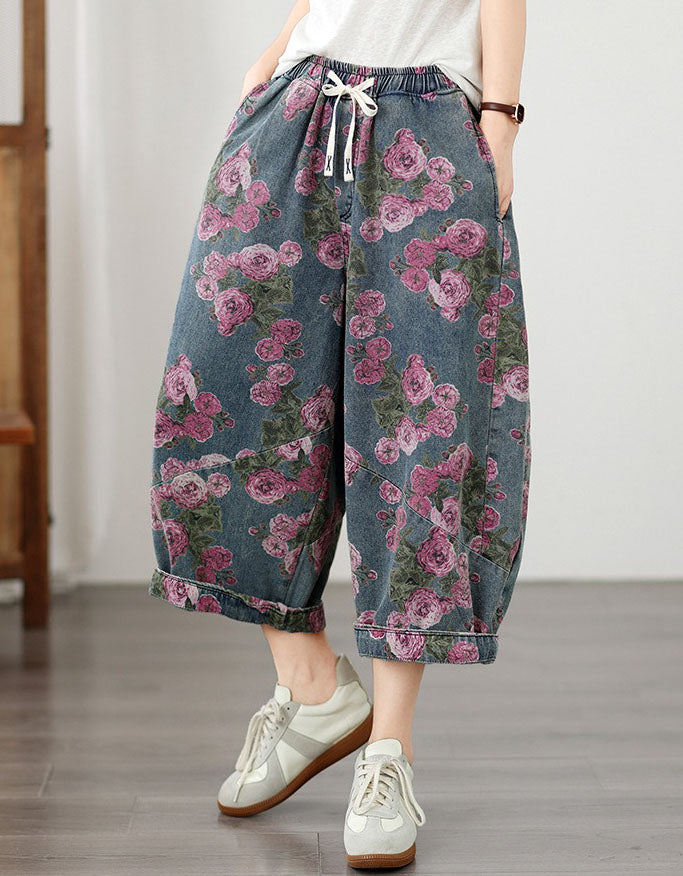 Women's vintage floral rose printed denim wide leg cropped pants with elastic waist