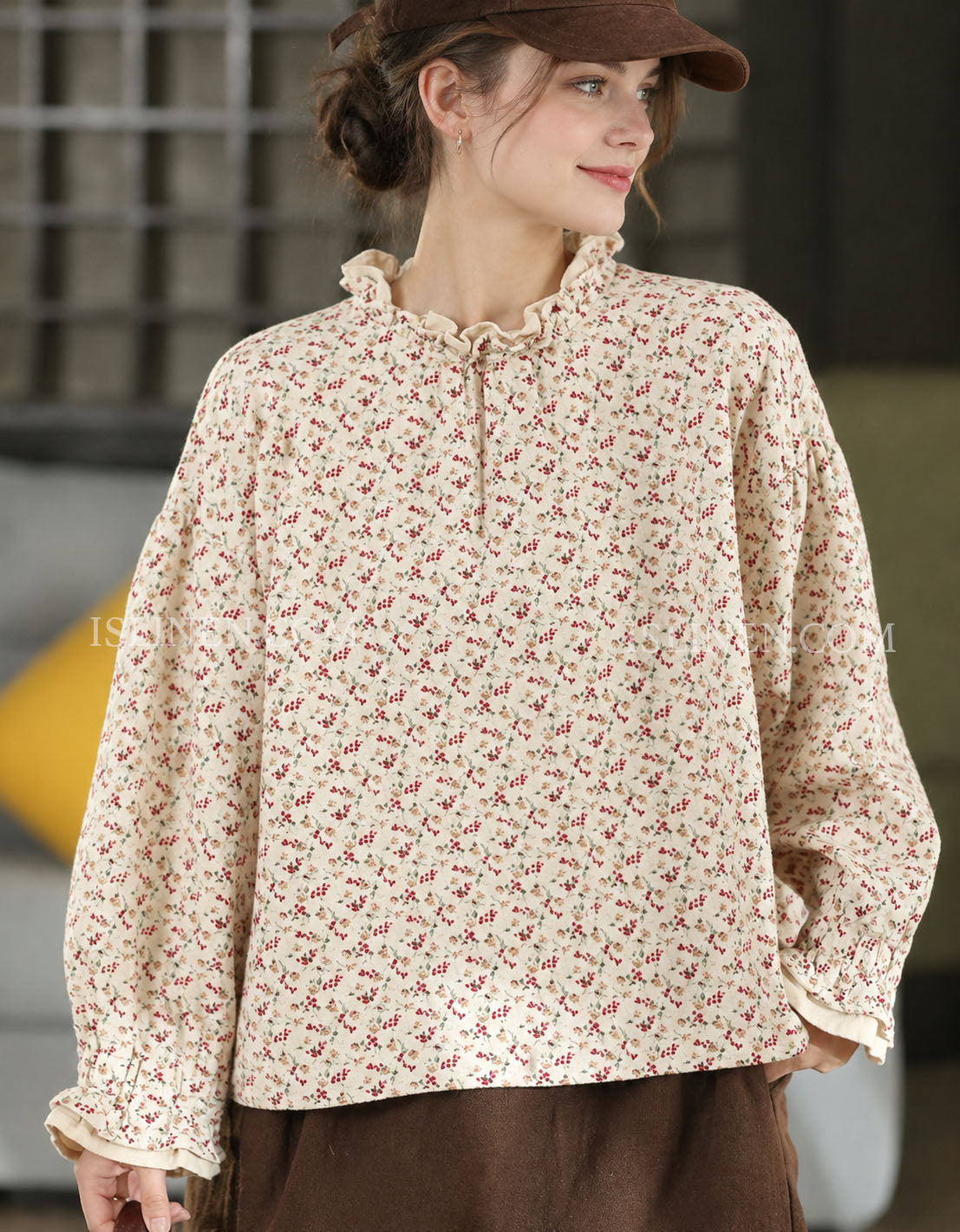 Women’s Vintage Floral Ruffle Neck Long Sleeve Blouse