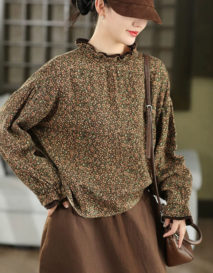 Vintage floral blouse for women with long sleeves and ruffle neckline
