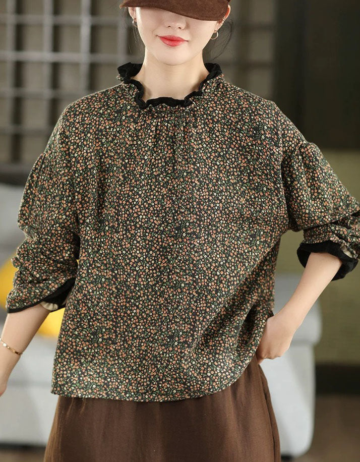 Women’s vintage floral ruffle neck blouse with long sleeves