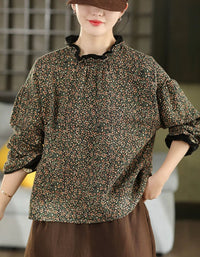 Women’s vintage floral ruffle neck blouse with long sleeves