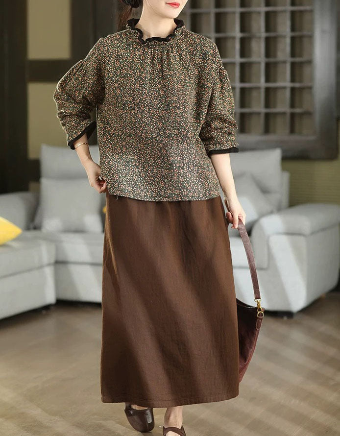 Women’s Vintage Floral Print Ruffle Neck Casual Blouse