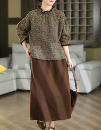 Women’s Vintage Floral Print Ruffle Neck Casual Blouse