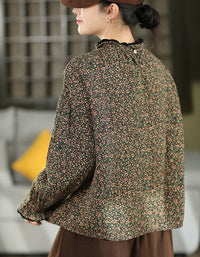 Women’s loose floral blouse with ruffle neck and cuffs