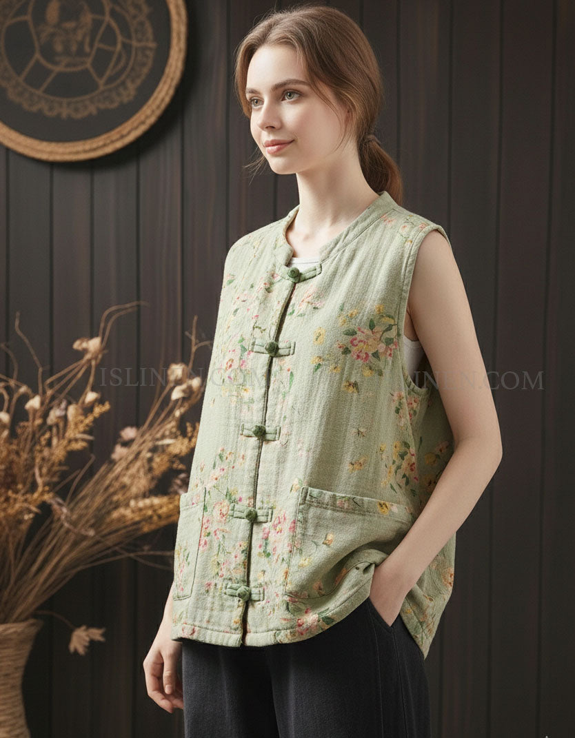 Women’s vintage floral linen vest with frog button closure green