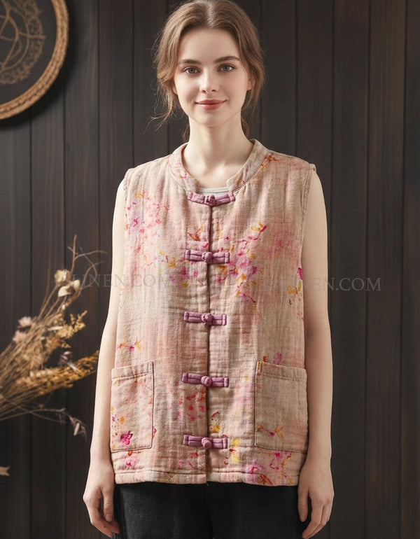 Women’s vintage floral linen vest with frog button closure purple