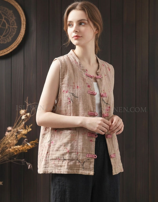 Women’s vintage floral linen vest with frog button closure pink